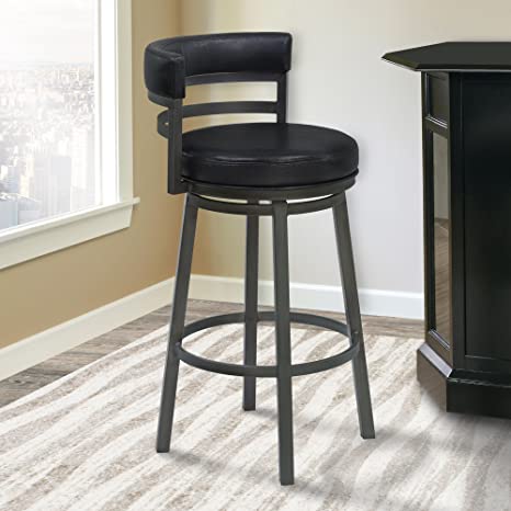 Armen Living Madrid 26" Counter Height Swivel Barstool in Ford Black Faux Leather and Mineral Finish