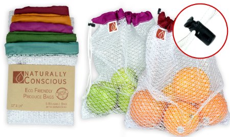 The Original Eco Friendly See Through Washable and Reusable Produce Bags - Soft Premium Lightweight Nylon Mesh Large - 12" X 14" - Set of 5 (Red, Yellow, Green, Blue, Purple) | By Naturally ConsciousTM