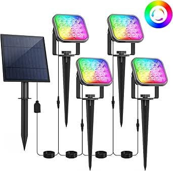 T-SUN Solar Spotlights Outdoor, 4 in 1 Color Changing Solar Landscape Spot Lights Auto ON/OFF RGB Solar Garden Pond Lights for Yard, Pathway, Driveway, Pool Area(RGB)