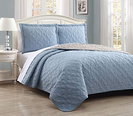 S.L. Home Fashions Stella Steel Blue/Taupe Reversible Bedspread/Quilt Set Queen