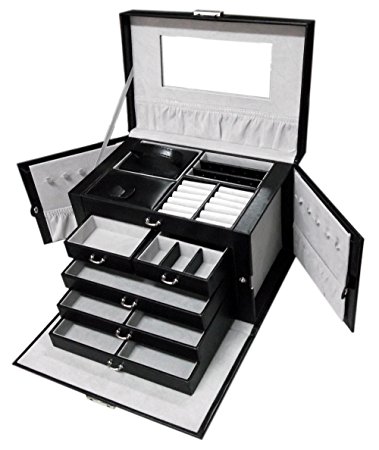 Sodynee® Deluxe Black Pu Leather Jewelry Box Jewelry Case Jewelry Storage Organizer with Travel Case and Lock, Fully Lined in Grey Color