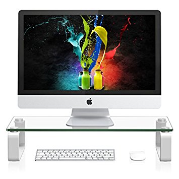 Func - iMac Computer Monitor Riser Stand For Desktop Organization, Aluminium Height Adjustable Metal Legs w/ Tempered Glass for Flatscreen TV, Laptop, Printer, Xbox One Storage