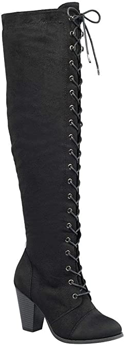 Forever Women's Chunky Heel Lace up Over-The-Knee High Riding Boots