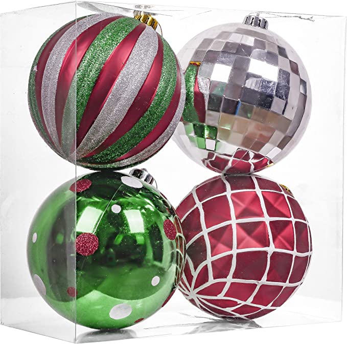 Valery Madelyn 4ct 150mm Classic Collection Splendor Red Green White Christmas Ball Ornaments, Shatterproof Xmas Balls for Christmas Tree Decoration