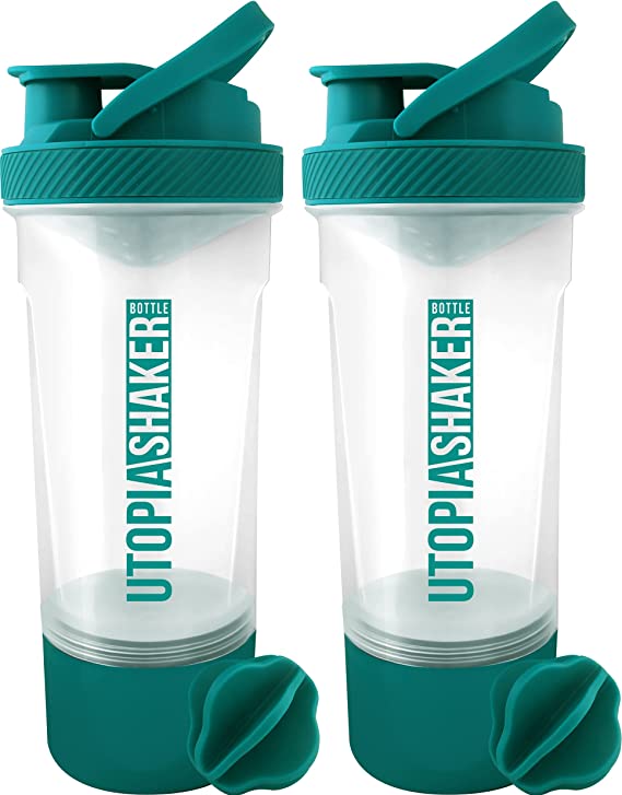 Utopia Home 2-Pack Shaker Bottle - 24 Ounce Protein Shaker Bottle for Pre & Post workout drinks - Classic Protein Mixer Shaker Bottle with Twist and Lock Protein Box Storage (Clear/Teal)