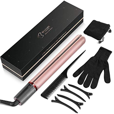 BESTOPE Hair Straighteners Curling Tongs 2 IN 1 Professional Ceramic Tourmaline Hair Straightening and Curler Flat Iron 120℃-230℃ Dual Voltage and Safety Lock (Gold Rose)