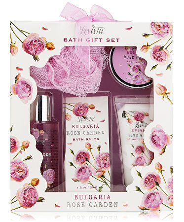 Bulgaria Rose Garden Spa Gift Set By Lovestee - Bath and Body Gift Box, Includes Exotic Shower Gel, Sensual Body Butter, Bath Salt, Smooth Body Butter, and Soft Pink Bath Puff