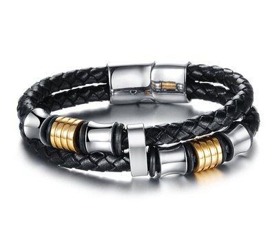 Feraco Men Vintage Leather Bracelet Wrap Band Double Braided Rope Stainless Steel Bangle,Black