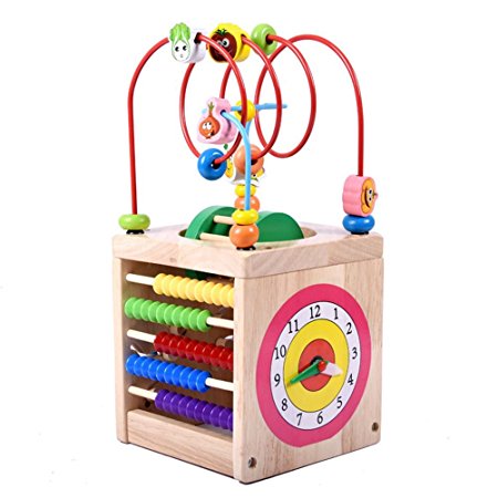 Moombike Wooden Activity Cube Bead Maze Toy for Kids and Toddlers, 6 in 1 Multipurpose Educational Toy - Roller Maze, Time Learning Clock, Counting Alphabet ,Abacus and More Fun Games Activity Center