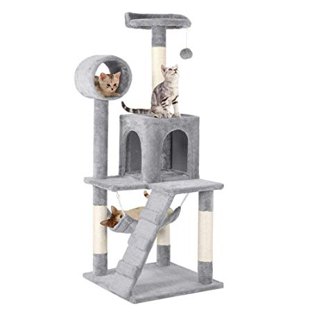 Yaheetech 51 inches Stable Cat Tree Kitty Tower with Elevated Hammock Freely Rotating Tunnel