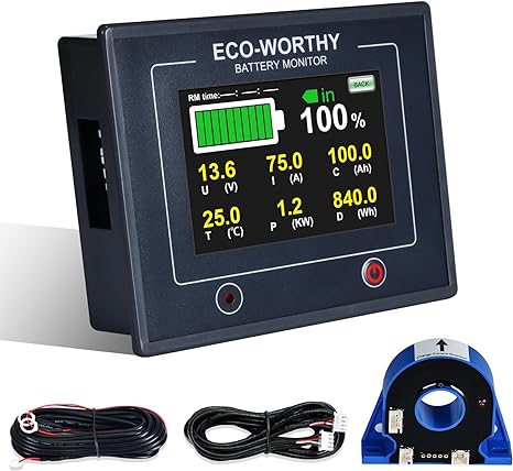 ECO-WORTHY 200A Battery Monitor Upgraded Touchable Display with Hall Sensor, 0-100V Battery Meter with Program, Auto Detection, for 12V/24V/36V/48V Li-ion/AGM/LiFePO4/Gel Battery in RV/Solar System