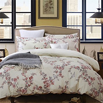 Brandream Garden Chinoiserie Floral Duvet Quilt Cover Asian Porcelain Style Tree Blossom and Birds Blue and White Watercolor Pattern 300tc Cotton Percale 3pc Bedding Set(Twin,Cream Red)