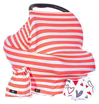Baby Benjamin Car Seat and Nursing Cover with Bib and Drawstring Bag, Neon Coral