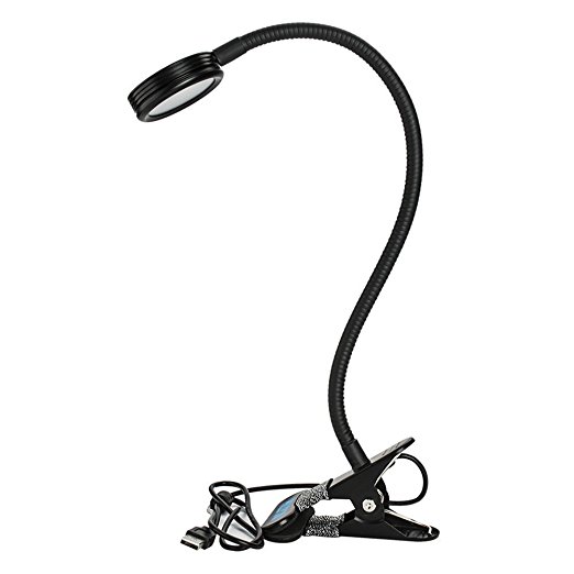 HILLPOW Portable Flexible Eye-care LED Stand Light with USB Charging Port, Clip On Book Bed Table Desk Lamp Reading Light T12 (Black- Type 1)