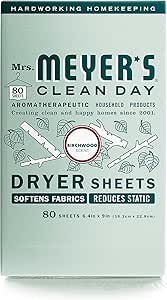 MRS. MEYER'S CLEAN DAY Dryer Sheets, Fabric Softener, Reduces Static, Infused with Essential Oils, Birchwood, 80 Count