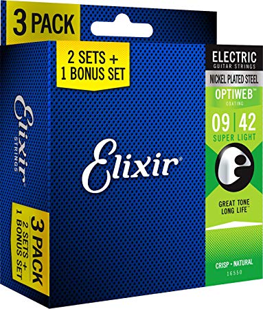 Elixir Strings 16550 Guitar Strings with OPTIWEB Coating, 3 Pack, Super Light (.009-.042)