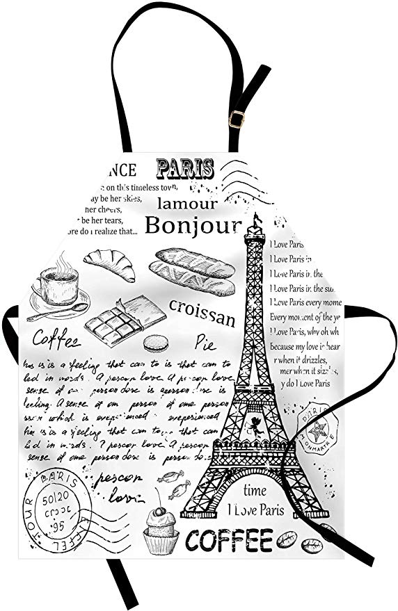 Ambesonne Paris Apron, Traditional Famous Parisian Elements Bonjour Croissan Coffee Eiffel Tower Print, Unisex Kitchen Bib with Adjustable Neck for Cooking Gardening, Adult Size, Black White