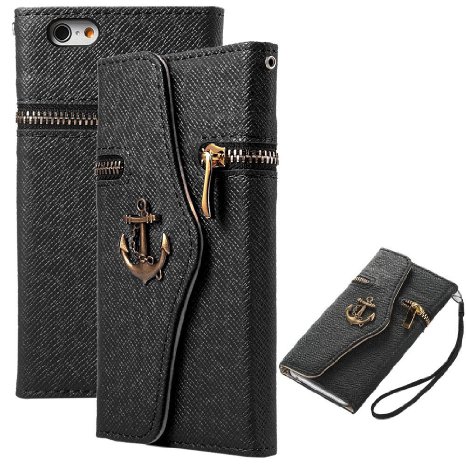 ULAK Punk Wallet Case for iPhone 6/6s 4.7 inch Fashion Synthetic Leather Magnet Wallet Creadit Card Holder Flip Cover (Black)