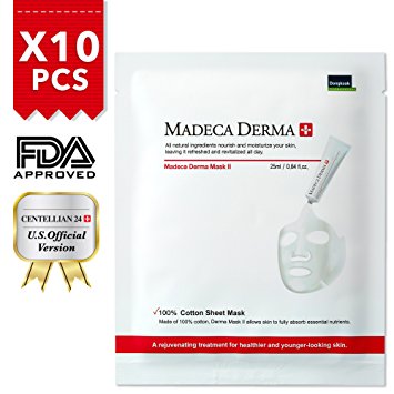 Face Mask Sheets [Madeca Derma] (10 Treatments), Full Facial Peel Off Disposable Sheet with Organic Centella Asiatica Extract Leaf Water, 100% Cotton - Centellian 24 (US Ver.)