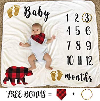 Baby Monthly Milestone Blanket for Boy Girl, Large Personalized Photography Background Blankets, Thick Fleece for Mom Newborn Baby Shower Gifts   Bib   Frame(43''x47'', 300GSM)