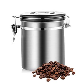 Airtight Coffee Canister, Large and Sealed Stainless Steel Coffee Container with Co2 Valve and Scoop, 16 oz Storage Kichen Jar for Keeping Beans & Sugar & Powder & Tea Fresh (A)