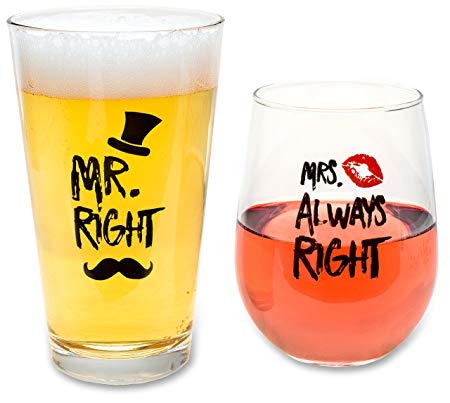 Funny Wedding Gifts - Mr. Right and Mrs. Always Right Novelty Wine Glass & Beer Glass Combo - Engagement Gift for Couples