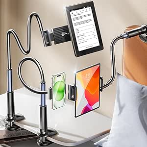 LISEN Tablet Kindle Holder Stand for Bed Gooseneck,Adjustable Phone Holder iPad Stand Kindle Holder 2 Clamp for Bed Compatible with Kindle iPhone 16 15