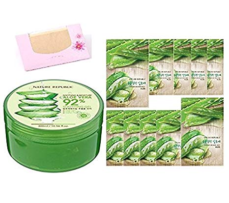 BUNDLE - Nature Republic New Soothing Moisture Aloe Vera GEL 92% 300ml + Nature Republic Real Nature Mask Sheet 10pcs + SoltreeBundle Natural Hemp Paper 50pcs