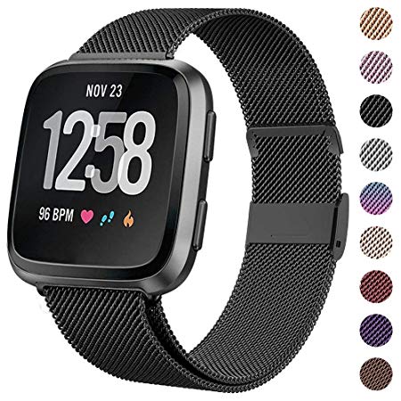 HAPAW Bands Compatible with Fitbit Versa/Versa 2, Women Men Metal Stainless Steel Replacement Sport Bracelet Strap Wristbands Accessories Small Large with Magnet Lock for Versa Smartwatch