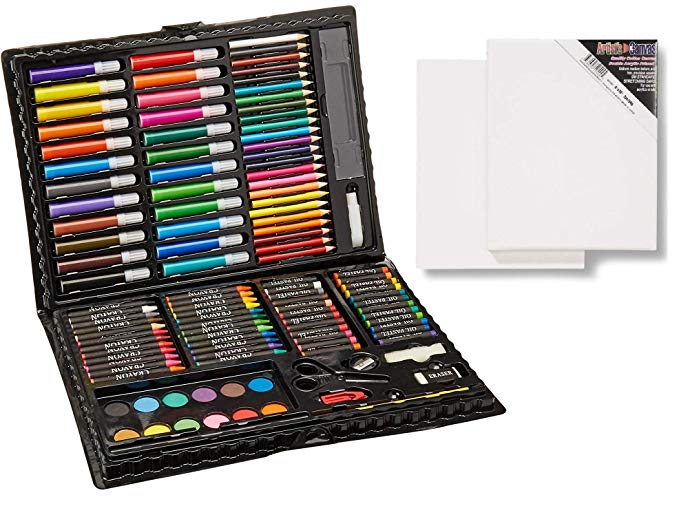 120-Piece Deluxe Art Set - Art Supplies for Drawing, Painting and More in a Plastic Case & Cotton Stretched Canvas - 8" x 10" Canvas for Acrylic or Oil Paints Bundle Edition