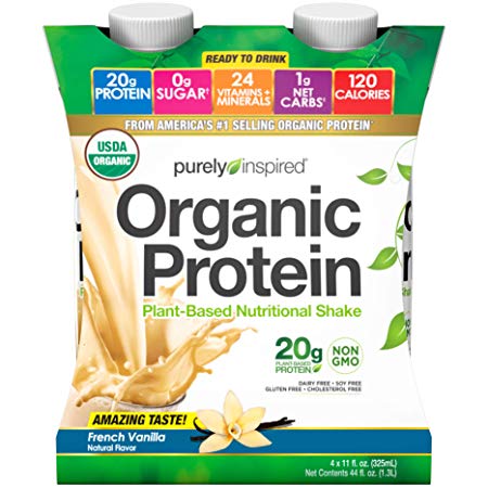 Purely Inspired Organic Protein Shake, Ready to Drink, 20g Plant Based Protein, No Sugar, Low Carbs, Naturally Flavored, Decadent Vanilla, 11 Fl Oz (Pack of 4)