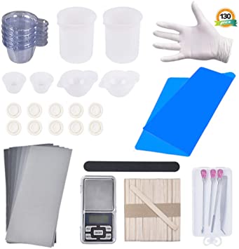 130PCS Resin Starter Kit with Silicone Mixing Cups, Silicone Measuring Cups，Sticks, Silicone Mat, Digital Pocket Scale, Sandpaper, Finger Cots, Stirring Needle Spoon Tool Set for Resin Art (Blue)