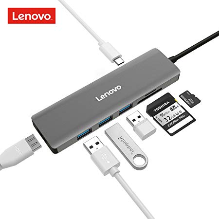 Lenovo USB C Hub, Type C Adapter with 3 USB 3.0 Ports, 4K HDMI, USB C PD Power Delivery, SD/TF Card Reader Compatible for 2016 2017 MacBook Pro Google Pixel and More USB C Devices