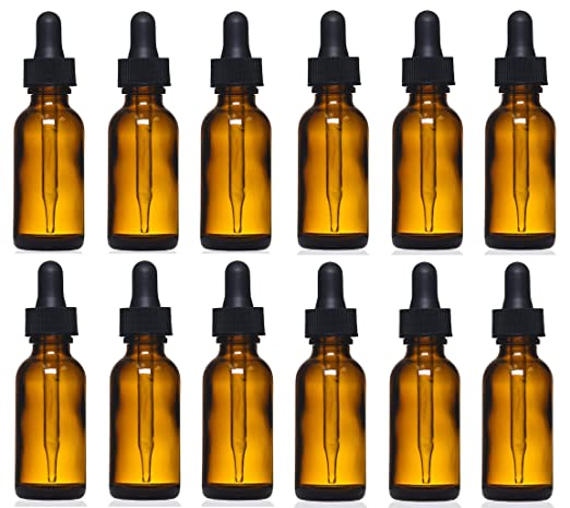Amber Glass Bottles with Eye Droppers (1 oz, 12 pk) For Essential Oils, Colognes & Perfumes, Blank Labels Included