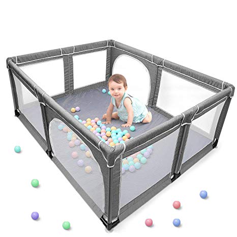 Baby Playpen, Extra Large Playard, Indoor & Outdoor Kids Activity Center with Anti-Slip Base, Sturdy Safety Play Yard with Super Soft Breathable Mesh, Kid's Fence for Infants Toddlers (Grey)
