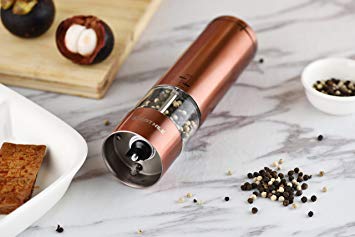 JustNile Electric Salt/Pepper Mill with Adjustable Ceramic Rotor, Automatic Operation, LED Light, Battery Operated - Brushed Stainless Steel