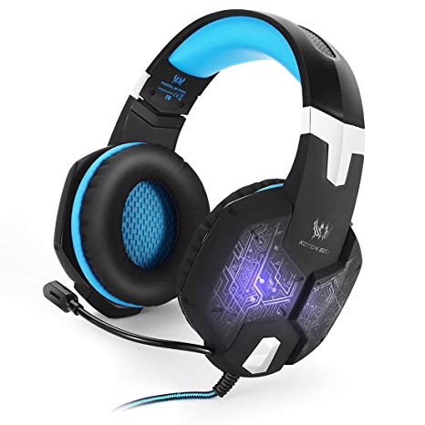 KOTION EACH G1000 Headband 3.5mm Bass Stereo Gaming Headset Over-ear PC Game Headphones with Mic Colorful Breathing LED Light for Laptop Computer (Black-Blue)