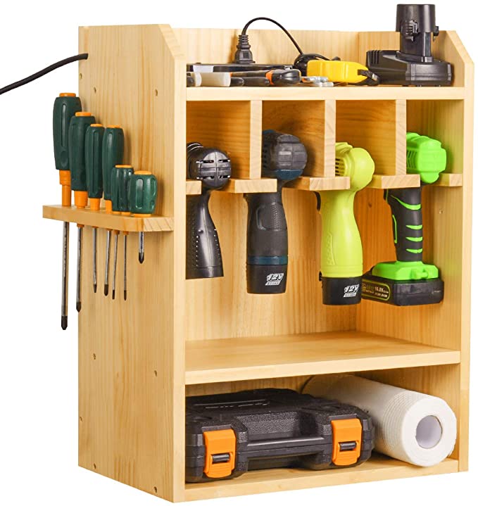 Drill Charging Station, Power Tool Organizer, Cordless Drill Holder, Wall Mounted Tool Garage Storage Organizer with Side Screwdriver Storage Rack (Need Assemble)