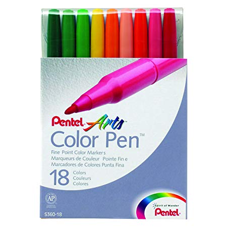 Pentel Color Pen, Fine Point Color Markers, Fiber Tip, Assorted Colors, Set of 18 (S360-18)