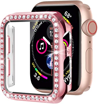 Moolia Bling Case Compatible with Apple Watch 40mm Iwatch Series 6/5/4, iWatch SE 40mm Bling Crystal Diamond Face Cover with Built-in Tempered Glass Screen Protector for Women,Rose Pink