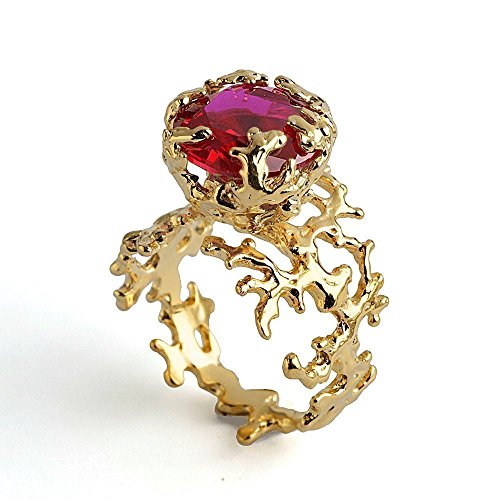 Designer Handmade 18k Yellow Gold Plated Sterling Silver, Large Created Ruby Organic Solitaire Coral Ring, Sizes 4 to 13