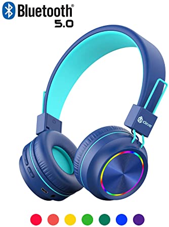 iClever BTH03 Kids Bluetooth Headphones, Colorful LED Lights Kids Wireless Headphones with MIC, 25H Playtime, Stereo Sound, Bluetooth 5.0, Foldable, Childrens Headphones on Ear for Study Tablet Airplane School, Blue