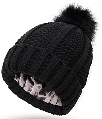 Exemaba Women's Knit Beanie Hat, Satin Lined Ladies Ski Skull Cap Girls Slouchy Winter Warm Hat