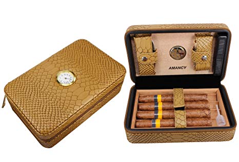 AMANCY Stylish Small Cigar Humidor, Travel Portable Cigar Case,PU Leather & Cedar Wood (Holds up to 4 Cigars)
