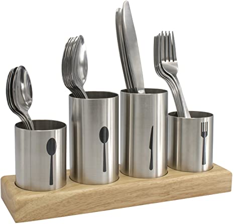 Sorbus Silverware Holder with Caddy for Spoons, Knives Forks, etc — Ideal for Kitchen, Dining, Entertaining, Buffet, Picnic, and more — Stainless Steel with Bamboo Wood Base