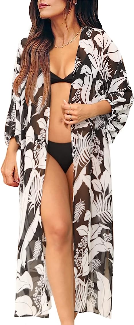 Ivay Womens Floral Kimono Duster Cardigans Short Sleeve Draped Oversized Beach Cover Up Cape