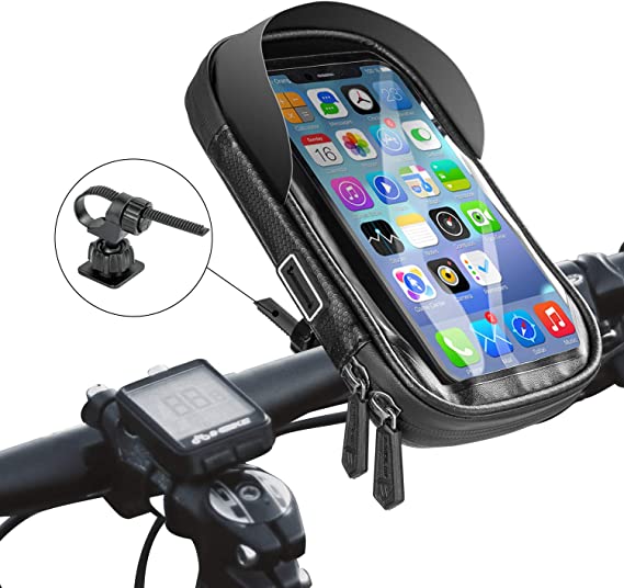 360° Rotation Bicycle Phone Mount with TPU Touch Screen Detachable Motorcycle Phone Holder with Sun Visor Bike Handlebar Bag with Rain Cover for Navigation, Fits for Phone Up to 7" (Black)