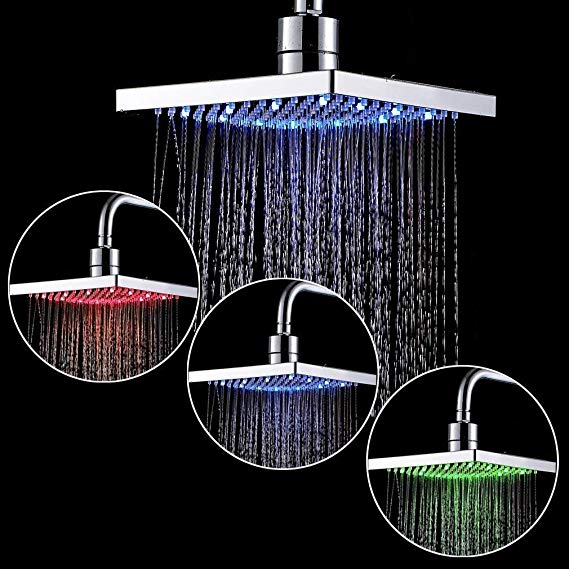 Ufatansy LED Swivel Shower Head Temperature Control 3 Colour Changing Water Flow Powered High Pressure Spray Rainfall Shower Head (8 Inch, Square ABS Chrome Finished)