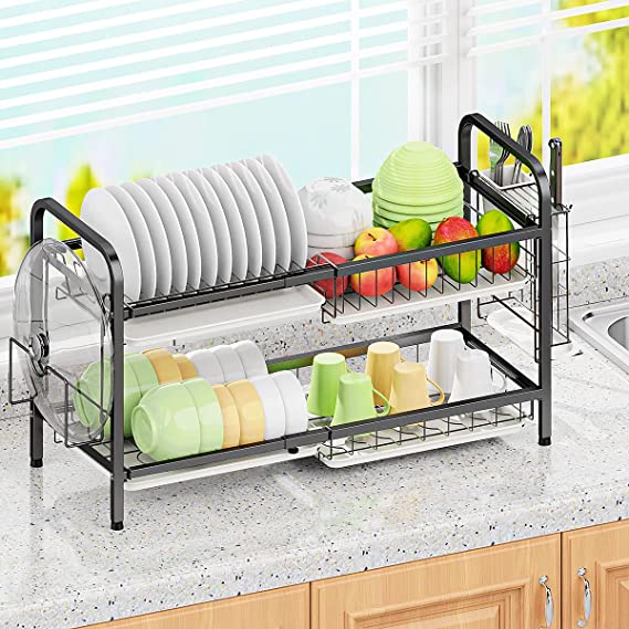 ADOVEL Dish Drying Rack with Drainboard, Adjustable 2 Tier Dish Rack for Kitchen Counter, Stainless Steel - Black