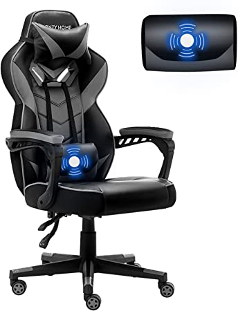 Bonzyhome Gaming Chair, Ergonomic Racing Gaming Chair for Adults with Lumbar Massage, Height Adjustable with Swivel Seat and Headrest for Home/Office (Grey)